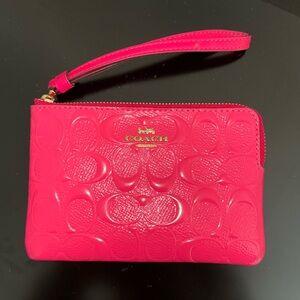 Coach Hot Neon Pink Glossy Leather Zip Wristlet Wallet